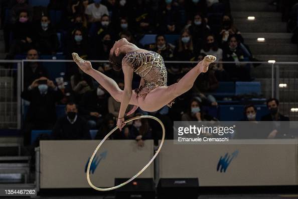 MILAN, ITALY - NOVEMBER 20: Andreea Verdes of Romania performs her hoop exercise during the Fastweb Grand Prix Di Ginnastica at Allianz Cloud on November 20, 2021 in Milan, Italy. (Photo by Emanuele Cremaschi/Getty Images)